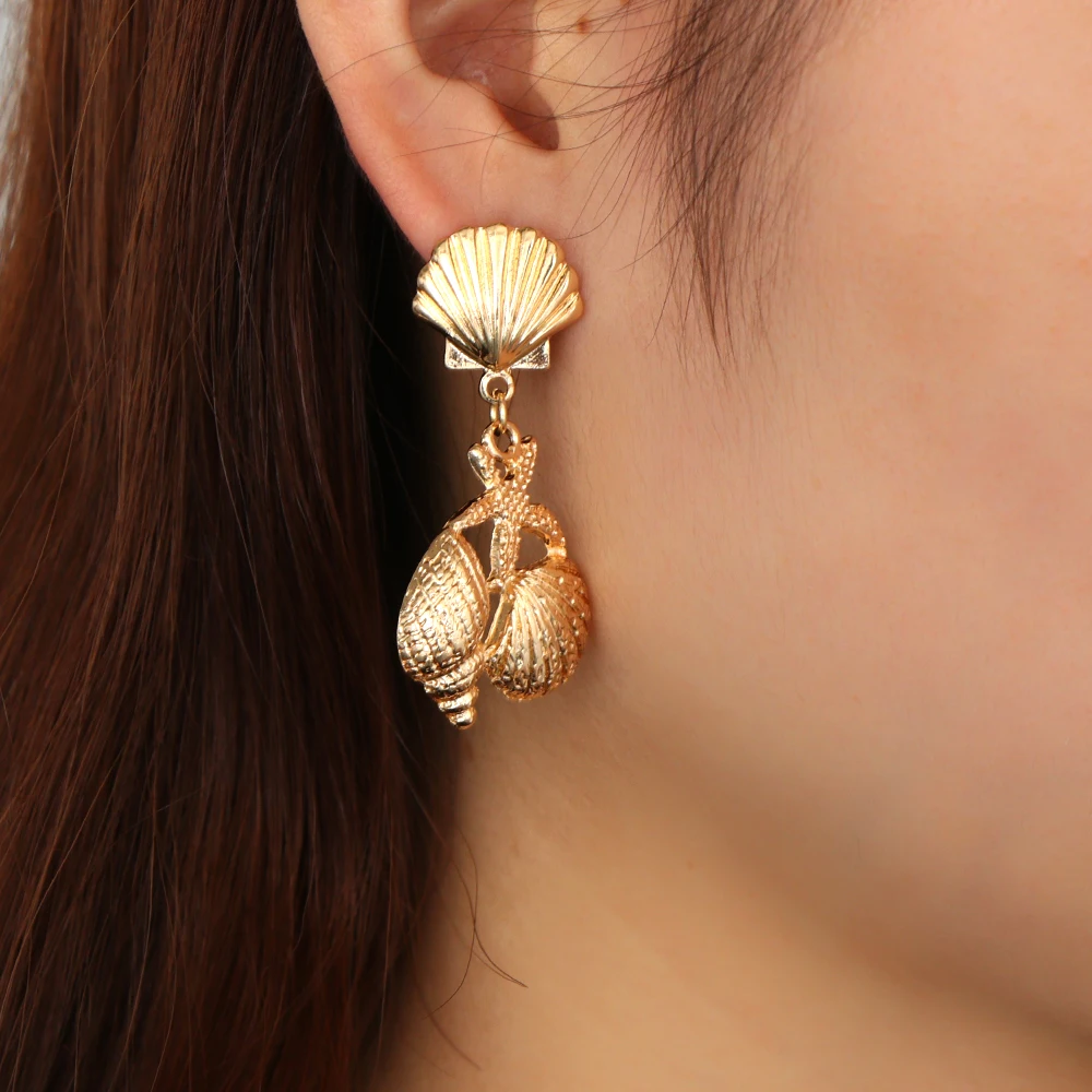 1Pair Summer Retro Fashion Shell Earrings Women Gold Color Geometric Irregular Starfish Conch Statement Jewelry Accessories