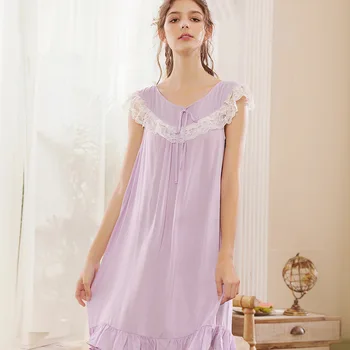 

Summer Cotton Lace Sleepwear Fresh Court Sling Skirt Lovely Princess Short-sleeved Sleep Wear Sexy Nightwear V-Neck Nightgowns