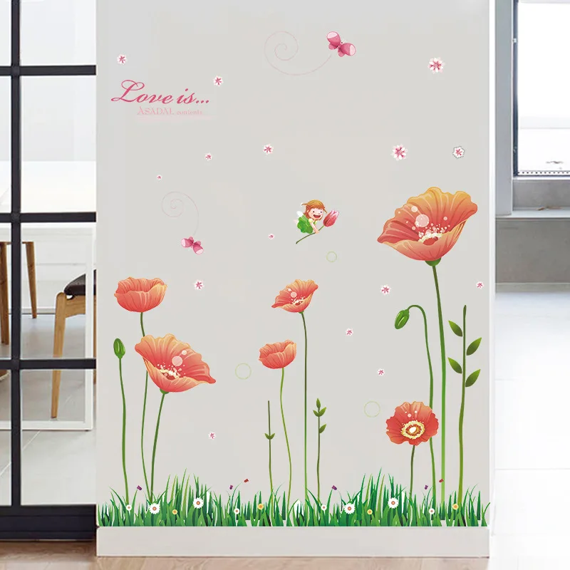 sweet orange flower plants wall stickers saloon dining room home decor vinyl wall papers decals ...