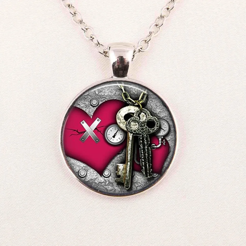 1PC charm red key to open the heart picture dome glass necklace steampunk clock watch necklace