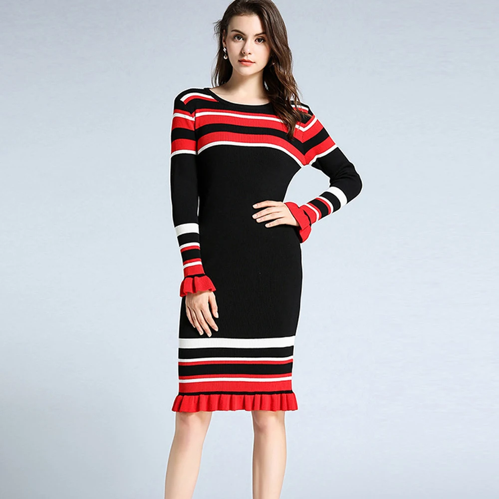 Контрастный цвет полосатый свитер платье o-образным вырезом с длинными рукавами тонкий вязаный свитер мини-платье контрастного цвета 2018