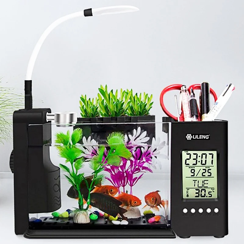 

Electronic USB Desktop Aquarium Fish Tank Water Pump Calendar Clock LED Light Multi-functional Mini Aquarium Tank for Home Decor