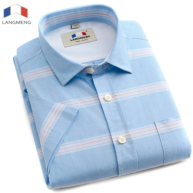 Prix Langmeng Marque Formelle Robe chemises Nouvelle Mode de haute Qualité 100% coton à Manches courtes Chemise décontractée Hommes Slim Fit Conception