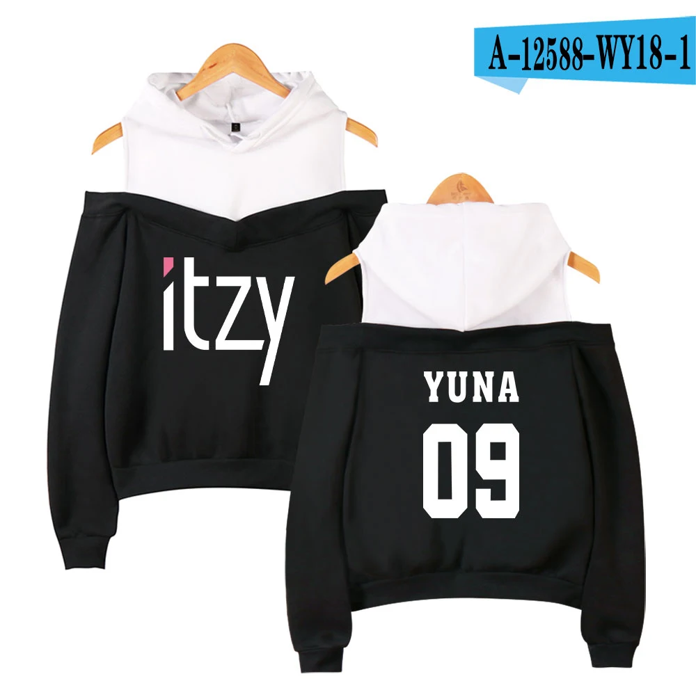 Kpop ITZY с открытыми плечами толстовки для женщин с длинным рукавом с капюшоном толстовки с длинным рукавом Повседневная модная уличная одежда - Цвет: Black