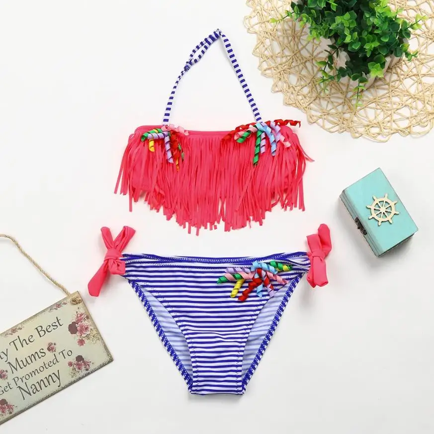 

2019 Infant Kid Girls Striped Colorful Tassel Bohemian style Swimwear Swimsuit Bikini Set Outfits