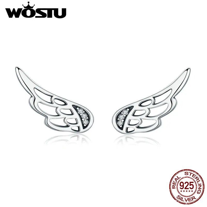 WOSTU Real 925 Sterling Silver Fairy Wings Feathers Stud Earrings Rose Gold Small Earring For Women S925 Silver Jewelry FIE343