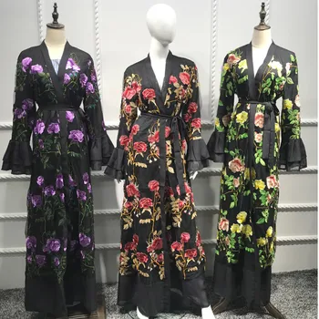 

Islamic Clothing Dress Knitted Muslim Abaya Women Floral Printed Long Dress Robe Open Abaya Cardigan Muslim Dubai Robe GownY510