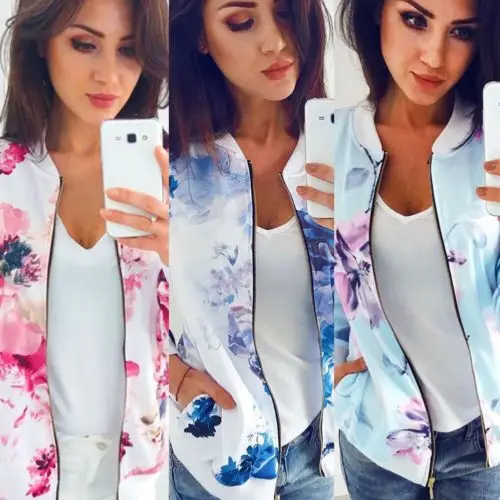 Women's Fashion Printed Zipped Classic Jacket Coat Long Sleeve Biker Outwear Zip Up Windbreaker Top