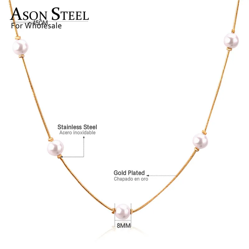 ASONSTEEL Gold/Silver White Black Round Imitation Pearl Pendant Necklace Stainless Steel Snake Chain Jewelry Collars Gift Party