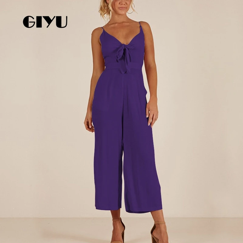 

GIYU Sexy Tie Up V Neck Loose Long Jumpsuits Women Hollow Out Strap Overalls Wrap High Waist Sleeveless Wide Leg Romper 2019