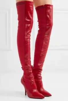 

New Brand Women Black Red Velvet Leather Pointed Toe 100 mm Thin Heels Slip On Rockoko Over The Knee Thigh High Boots Big Size