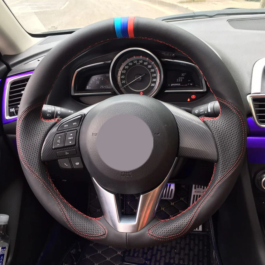Black Leather Light Blue Blue Red Marker Car Steering Wheel Cover for