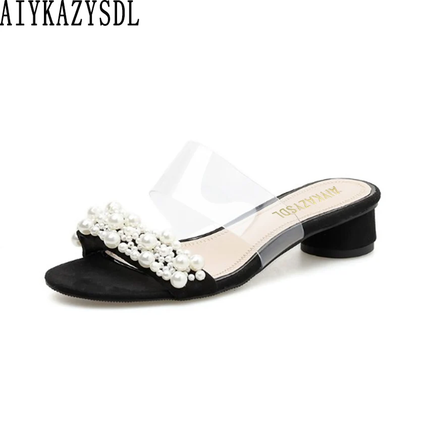 

AIYKAZYSDL Women Pear Sandals PVC Clear Transparent Mule Slides Open Toe Block Chunky Thick Low Heel Slippers Summer Shoes Woman