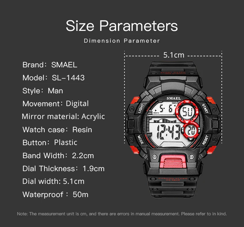 Повседневные мужские часы в стиле милитари, SMAEL, s, устойчивые, круглые, мужские спортивные часы, 1443 светодиодный, цифровой, водонепроницаемый, мужские, Reloj, автоматические, подарочные часы
