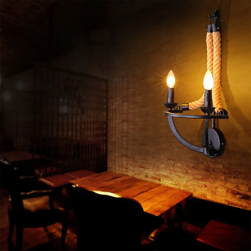 

Free Shipping Nordic Fashion Lamps Vintage Rustic Of head Balcony Hemp Rope Wall Lamp Wall Sconce e14 double head wall lamp
