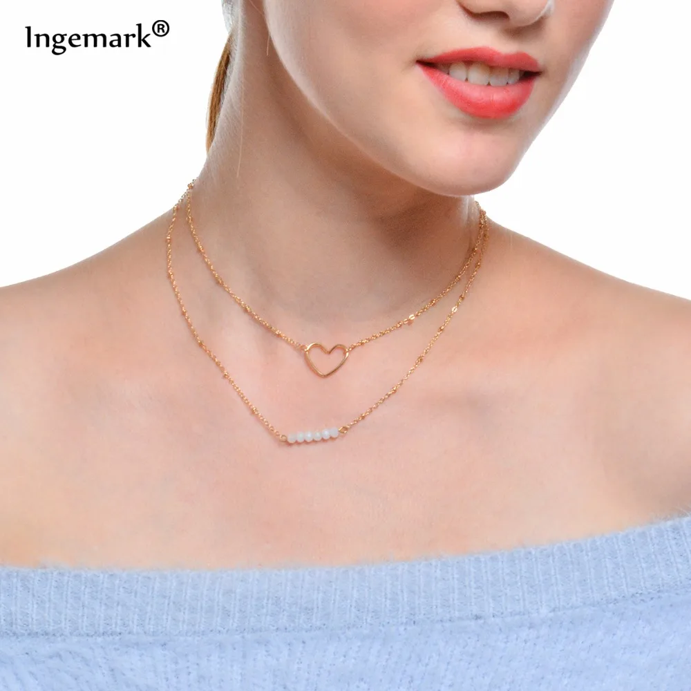 

Fashion Summer Boho Heart Pendant Choker Necklace Multilayer Chain Crystal Beads Necklaces Christmas gift for Women