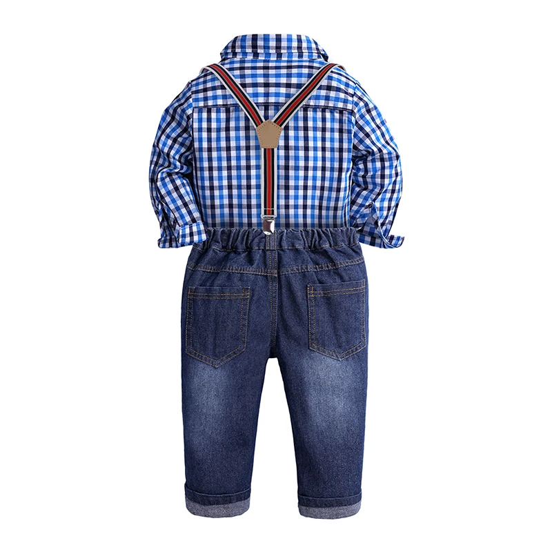 Комплект из 3 предметов на весну-осень для мальчиков, Осенняя детская одежда для мальчиков, красная рубашка в клетку+ джинсы+ галстук, детский наряд для мальчиков 2-6 лет, костюм