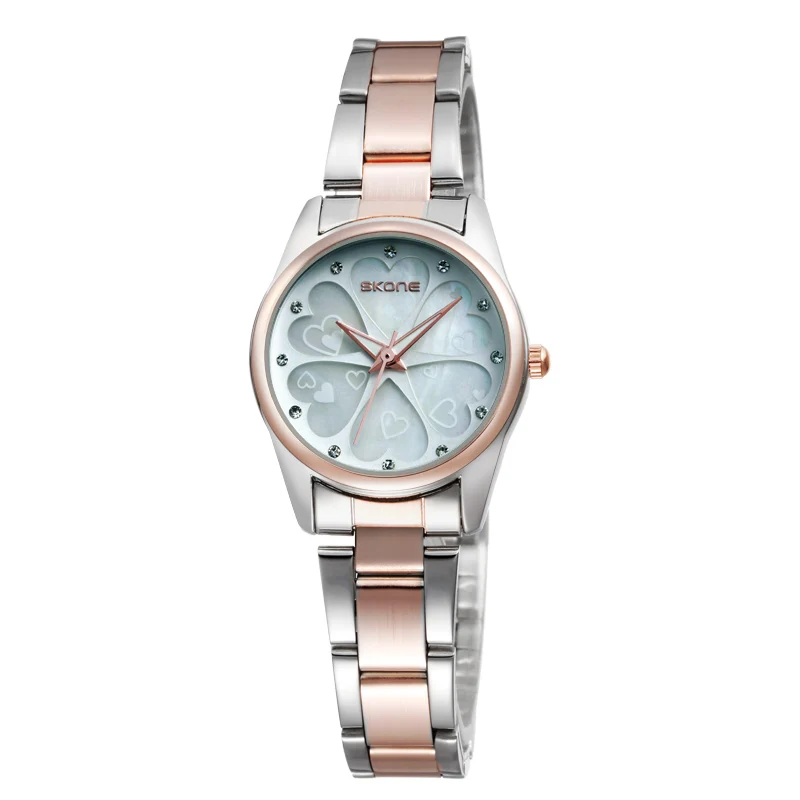 

skone Fashion Women Watches Stainless Steel band Watches Silver RoseGold Alloy Case Casual Quartz Cloverleaf Watch Luxury Brand