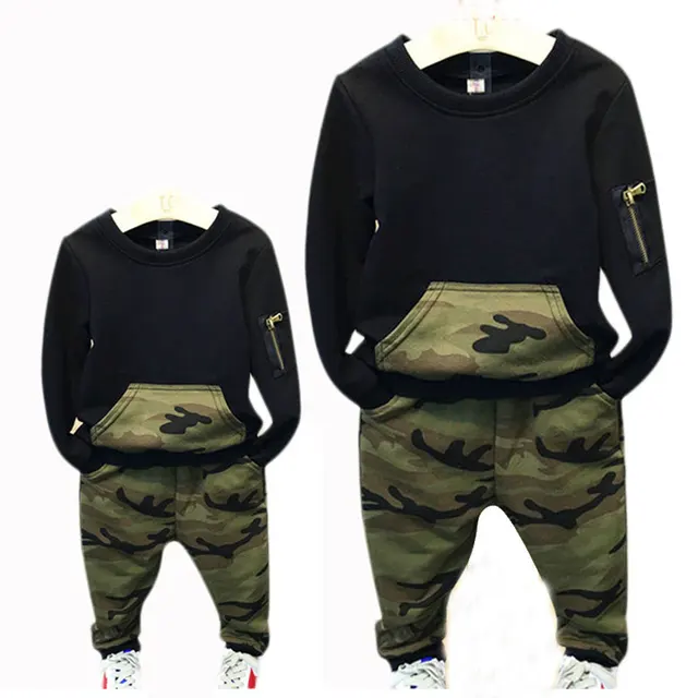 Fashion Camouflage Autumn Boys Clothes Set Toddler Boy Clothing Black T