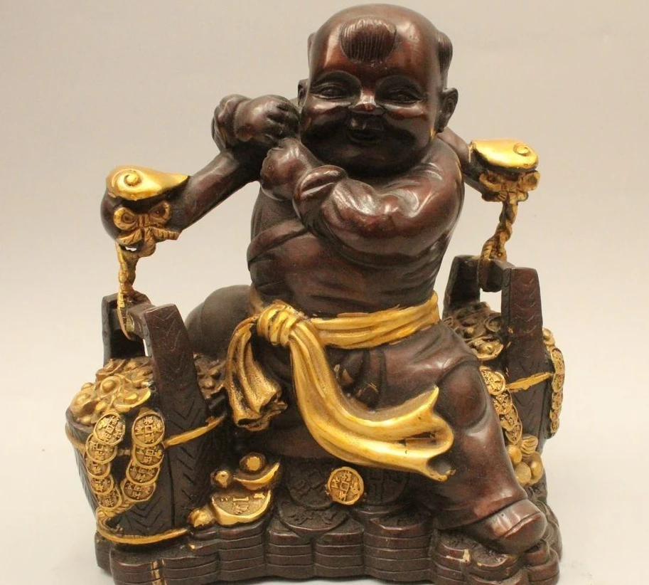 

9" China Chinese Folk Bronze Gild Wealth Boy Lad Carry Load Cask Statue Sculptur