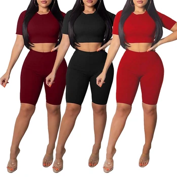 

Fashion Women Sets Fashion Bodycon Shorts and Crop Top 2 pieces Sets Solid Women Outfits
