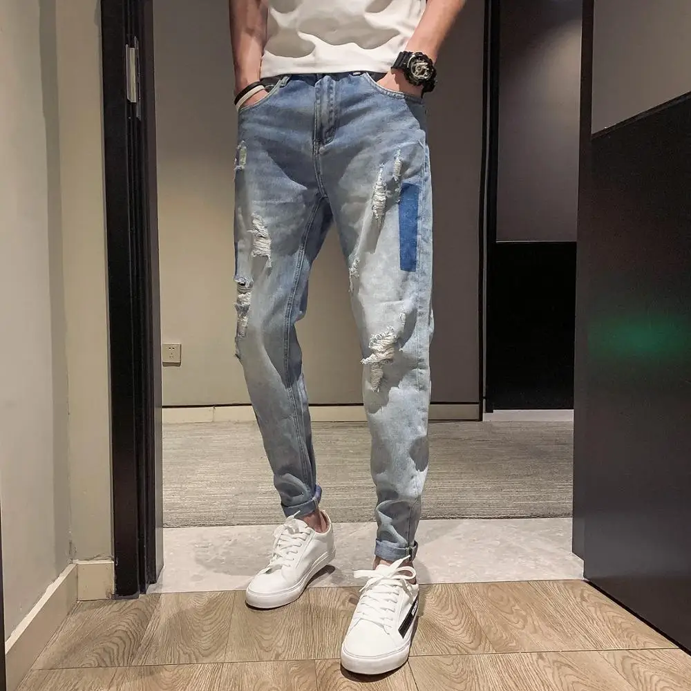 Новая волна Маленькие ноги отверстие брюки мужской корейской версии тренд мужской летний тонкий срез тонкий девять очков джинсы