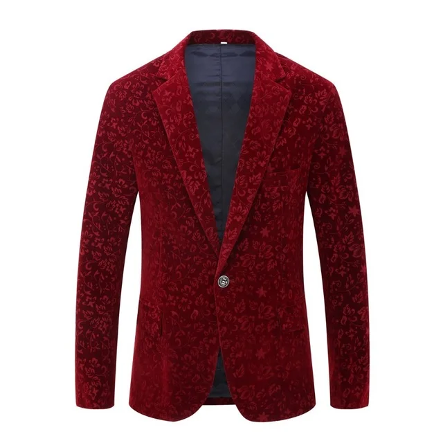 

Men Autumn Winter Wine Red Burgundy Velvet Floral Pattern Suit Jacket Slim Fit Blazer Designs Stage Costumes For Singers