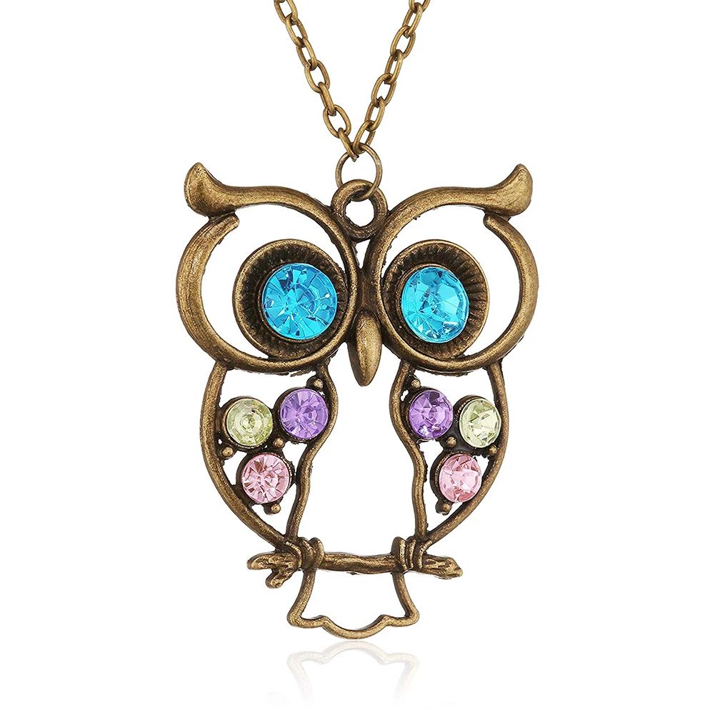 Vintage Owl Pendant Necklace Women Retro Rhinestone Sweater Long Fashion Cute Chain Colorful |