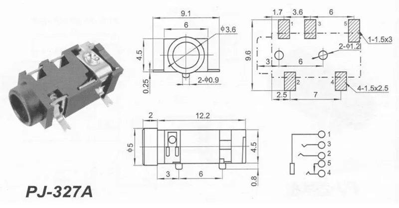 10 шт 3,5 мм наушники PJ-327A Позолоченные накладные SMD аудио наушники/разъем для наушников PJ327A