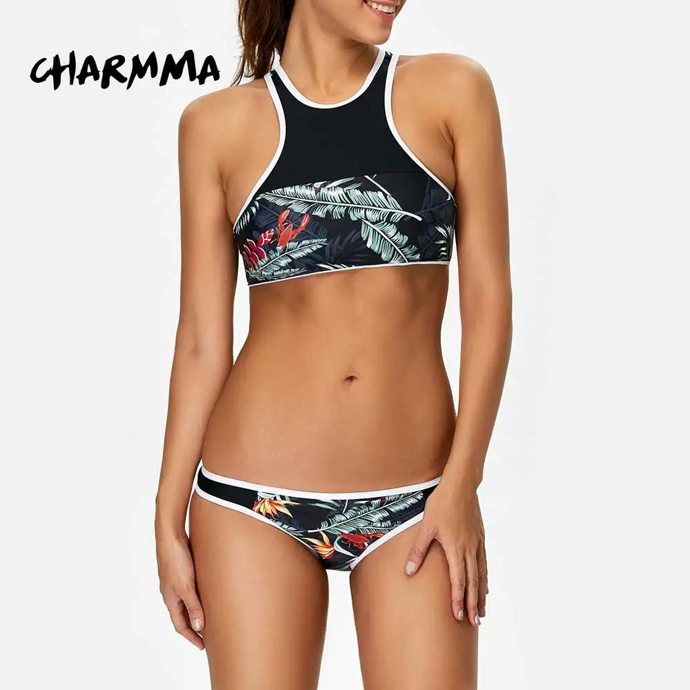 

CharMma 2017 New Arrival Women High Neck Swimsuit Leaf Printed Racerback Bikini Set New Summer Swimwear Bathing Suits Biquinis