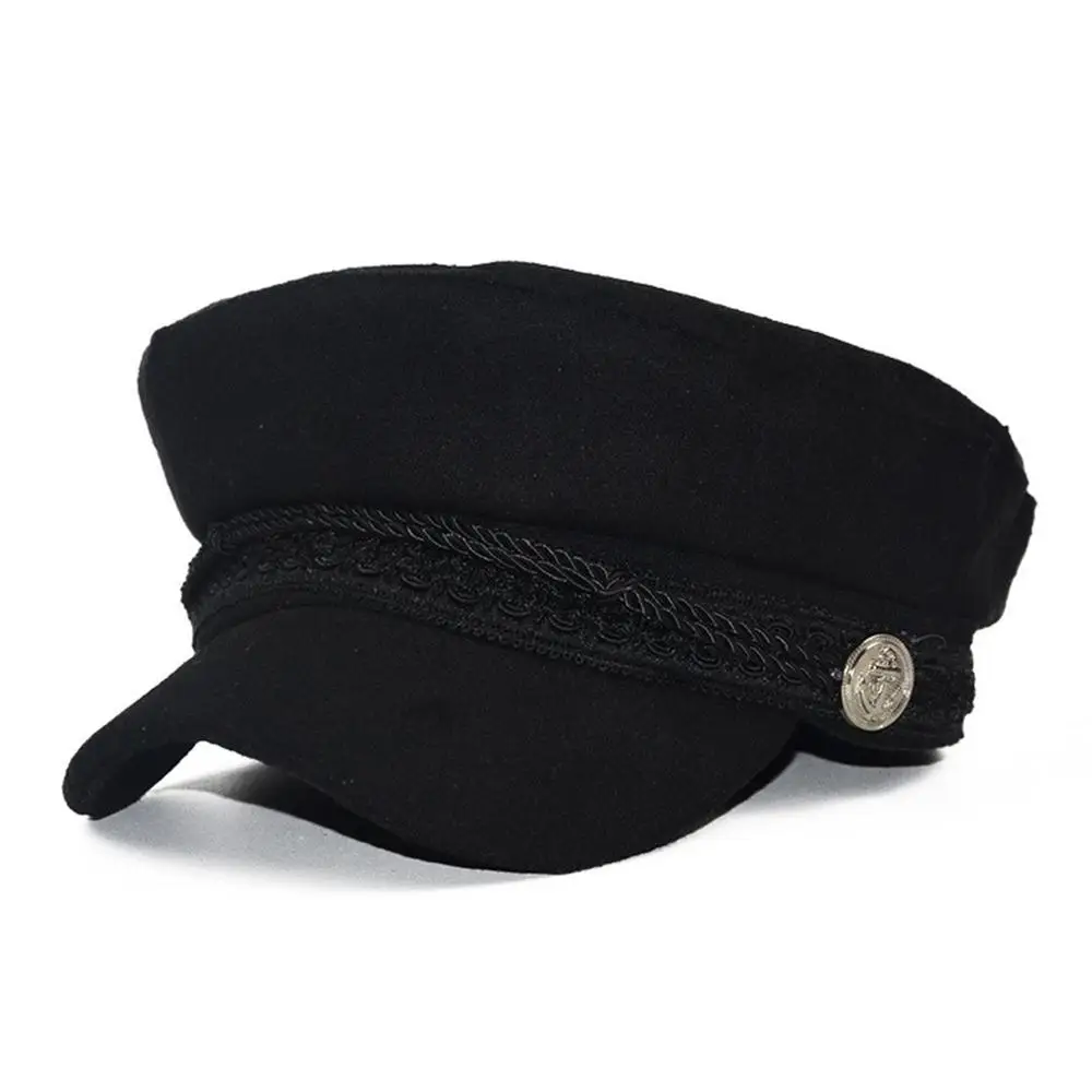 Модные однотонные козырек военная шляпа осень-зима Винтаж шерстяной одежды в стиле пэчворк, берет Кепки для Для женщин Англия Стиль плоский Кепки - Цвет: Black