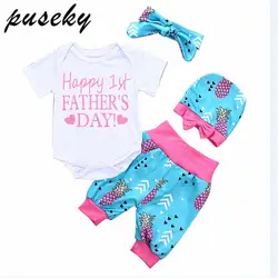 Puseky 4 шт. наряд для девочек Happy 1st Father's Day Изделие из хлопка с короткими рукавами боди; штаны детская шапка для девочек лента для волос для