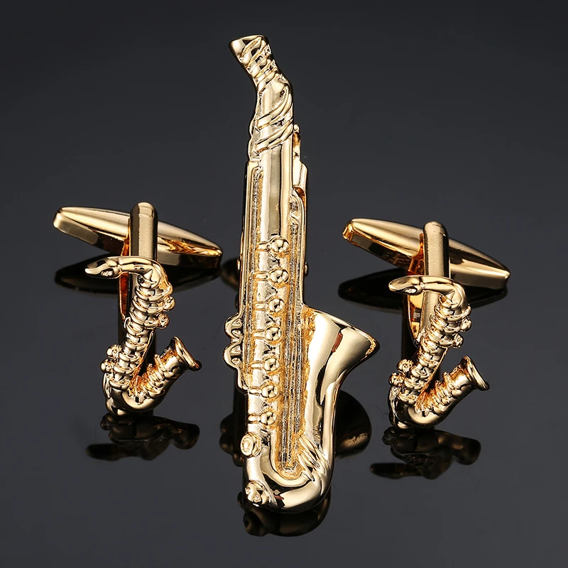 Gemelos de oro para saxofón músico Jazz amante gemelos y clip de lazo conjunto 