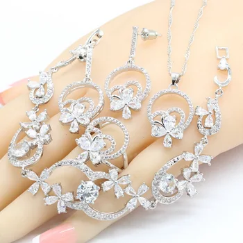 

2018 New White Semi-precious Silver Color Jewelry Sets For Women Wedding Earrings Bracelet Rings Necklace Pendant