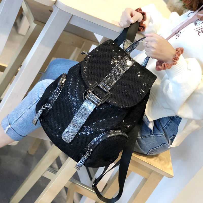 

WOONAM Fashion Bag Mesh Shimmer Sequins Nylon Python Trim Drawstring Closure Backpack Bag WB847