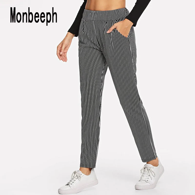 

Monbeeph Ankle-Length Harem Pants 2019 New Arrival England Style Striped Pants Women Elastic Waist Strip Spring Summer Trousers