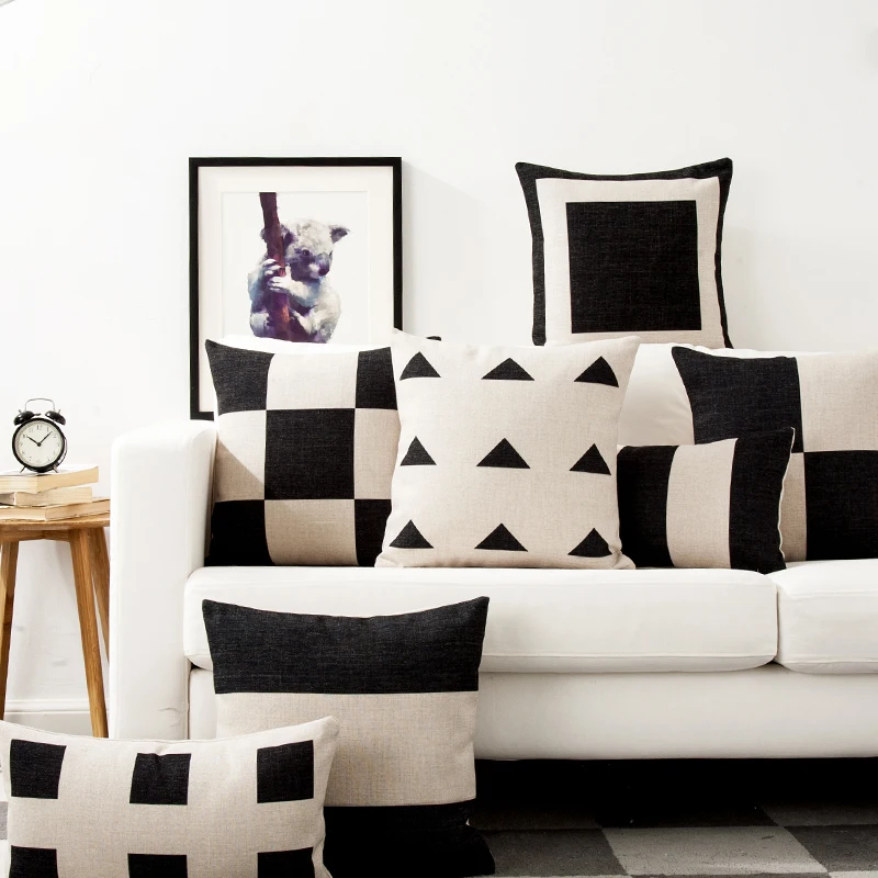 Black White Geometry Cotton Linen Pillow Case Office Cushion Cover Home Decor 