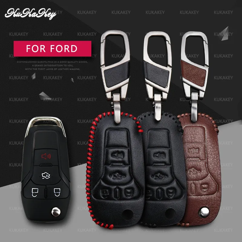 

Leather Remote Car key Case Cover Holder For Ford Fusion Mondeo Mustang F-150 Explorer Edge 2015 2016 2017 2018 Car Key Shell