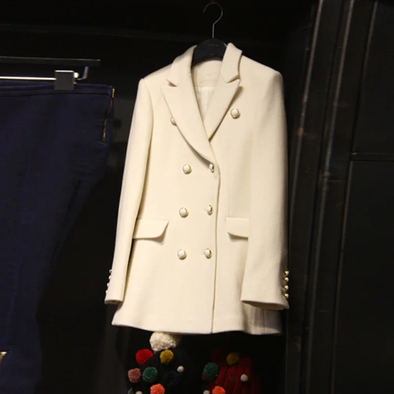 

Elegant fashion lady pioneer spring white long paragraph wild small suit black slim double-breasted suit jacket female