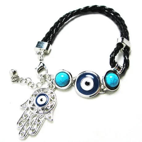 

Boho Hand of Fatima Leather Bracelet Turkish Eye Amulet Charm Hand Of Fatima