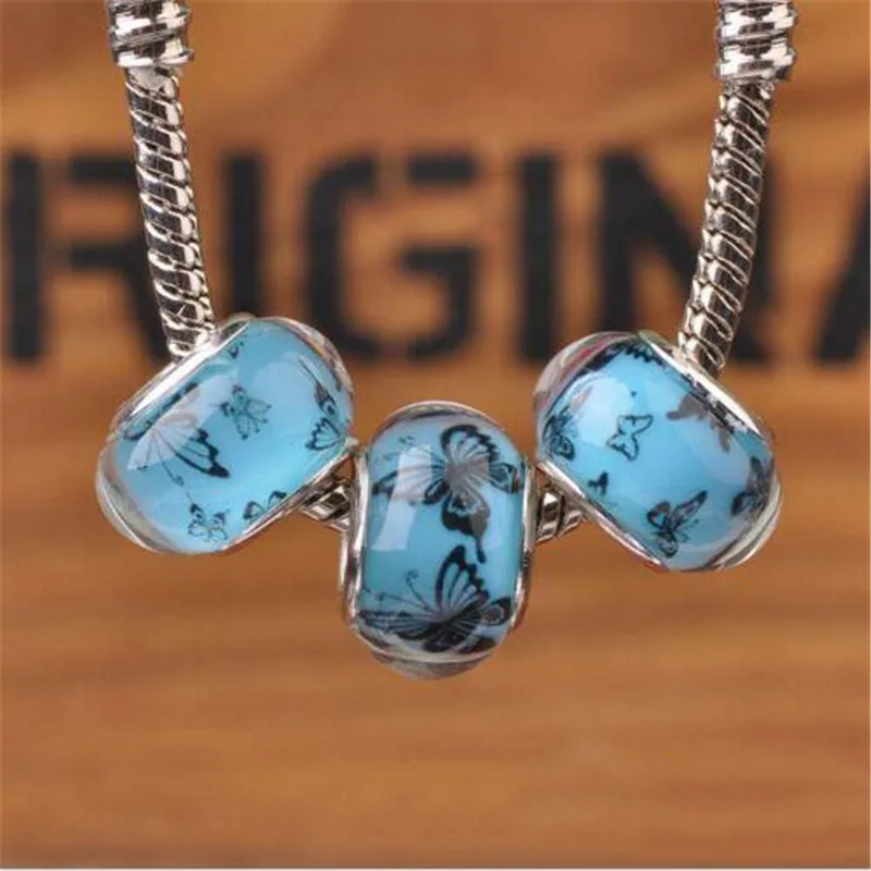 

New 10pcs 14mm Lake Blue European Bracelet Resin Butterfly Pattern Big Hole Bead