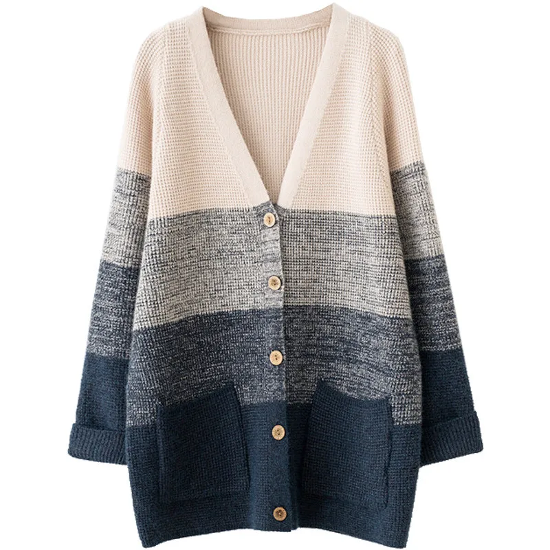 

2019 Spring Autumn Women Knit Cardigan Loose Striped Large Size Knitwear Jacket Oversized New Fashion Sweater Coat Female Vs450