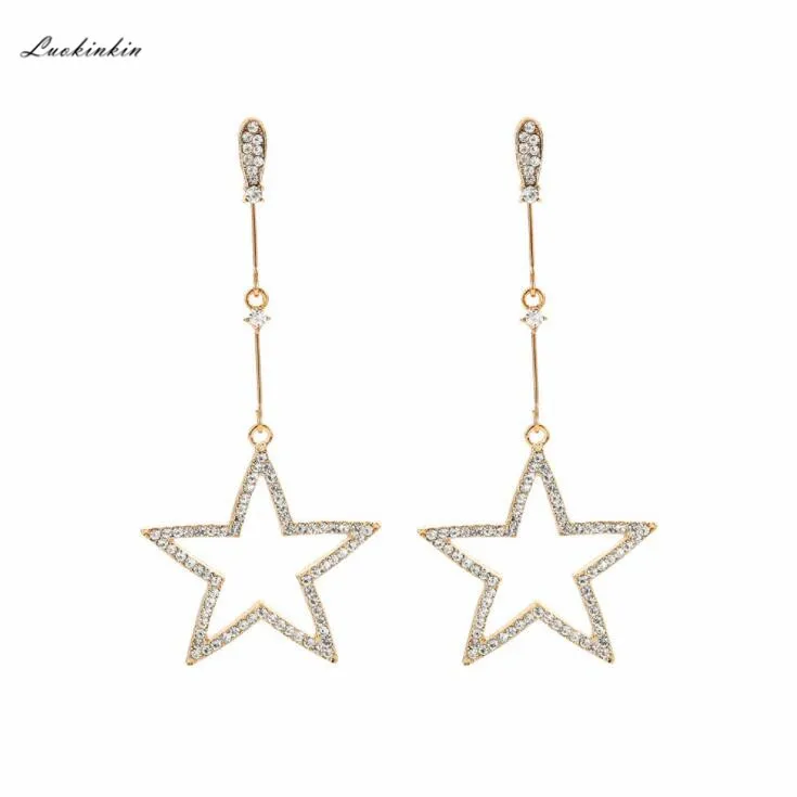 

2019 crystal five-pointed star rhinestone pendant korean earrings ladies fashion jewelry star golden&silver long earrings pend