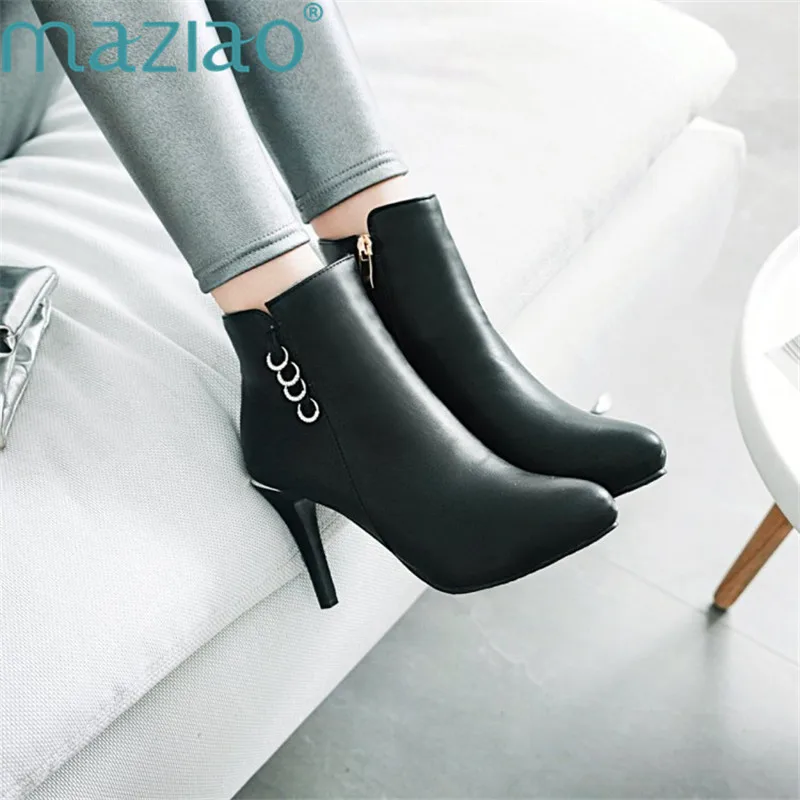 

Ladies Ankle Boots Woman Thin High Heels Boots Patent Leather Metal Decoration Simple Style Boots MAZIAO