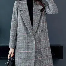 Корейское шерстяное пальто женское с длинным рукавом с отложным воротником Верхняя одежда куртка Повседневная Осень Зима Женское клетчатое элегантное пальто