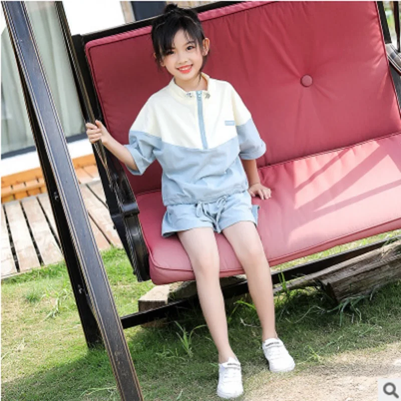 

Children 's Sports Short Clothing Set New 2019 Spring/Summer Girls 2 Patchwork Colors Size4-14 Kids Clothes Sets 2 piece ly300