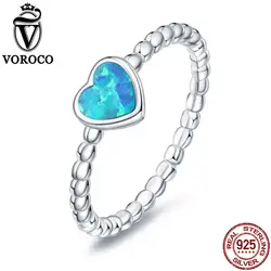 Voroco 2017 натуральная стерлингового серебра 925 пробы сердце Форма Голубой опал камень минималистский Кольца для Для женщин свадебные