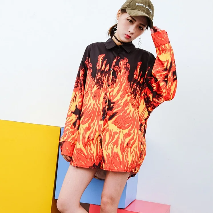 Blusas Femininas 2017 большие размеры уличный стиль с пожарным принтом блузки для женщин