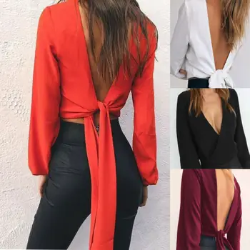 

Women Casual Backless Long Sleeve Tee T-shirt Chiffon Knot Deep V-Neck Fashion Lady Top