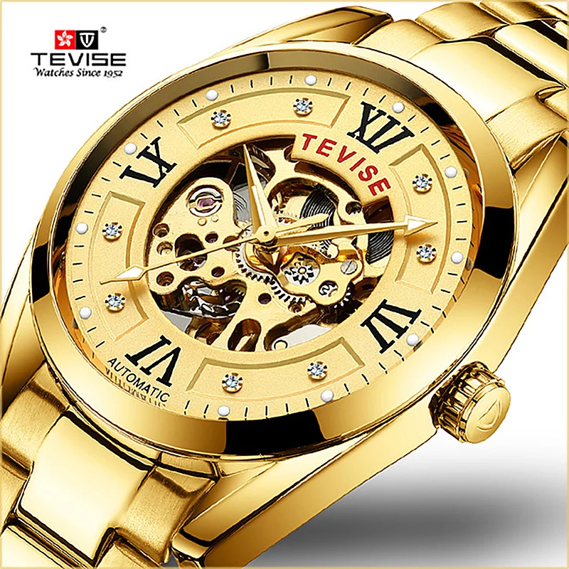 

Business Men Automatic Mechanical Watch Tevise Fashion Casual Stainless Steel Male Wristwatch Gold Male Clock saat erkekler T795
